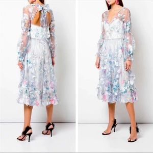 Marchesa Notte Bishop Sleeve Ruffle Cocktail Lace Tulle Dress